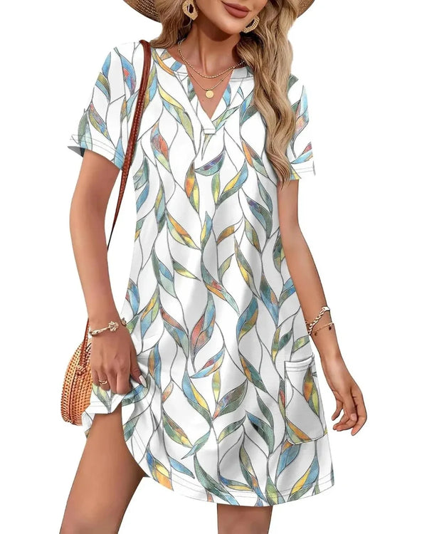 Summer 2026 Women's V-Neck Casual Short-Sleeve Dress for Beach, Wedding & Vacation Wear