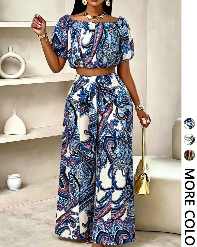 Women's Paisley-Print Summer Two-Piece Set with Off-Shoulder Top and Wide-Leg Pants