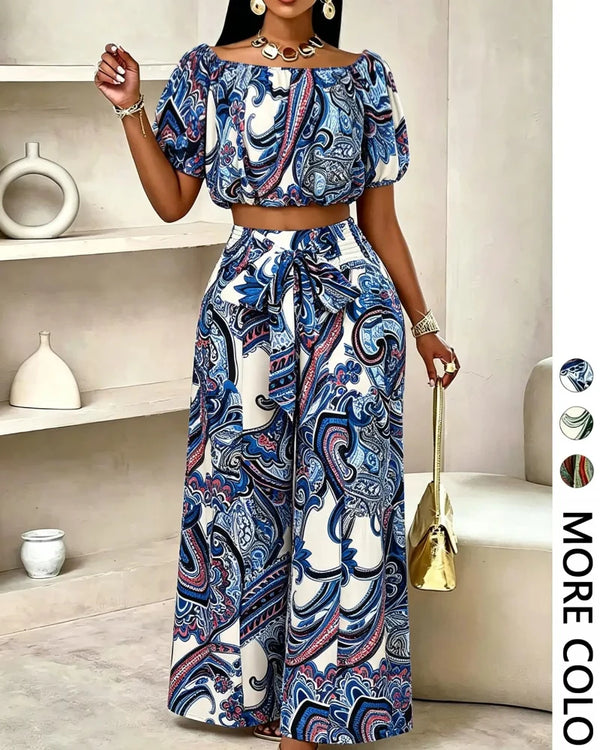 Women's Paisley-Print Summer Two-Piece Set with Off-Shoulder Top and Wide-Leg Pants