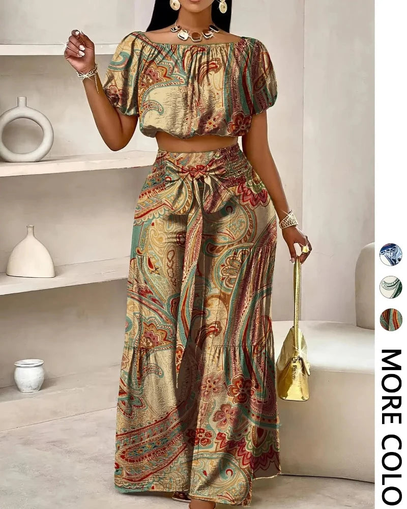 Women's Paisley-Print Summer Two-Piece Set with Off-Shoulder Top and Wide-Leg Pants