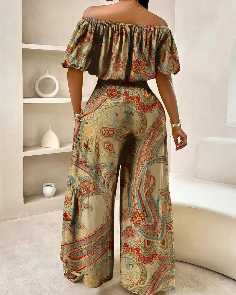 Women's Paisley-Print Summer Two-Piece Set with Off-Shoulder Top and Wide-Leg Pants