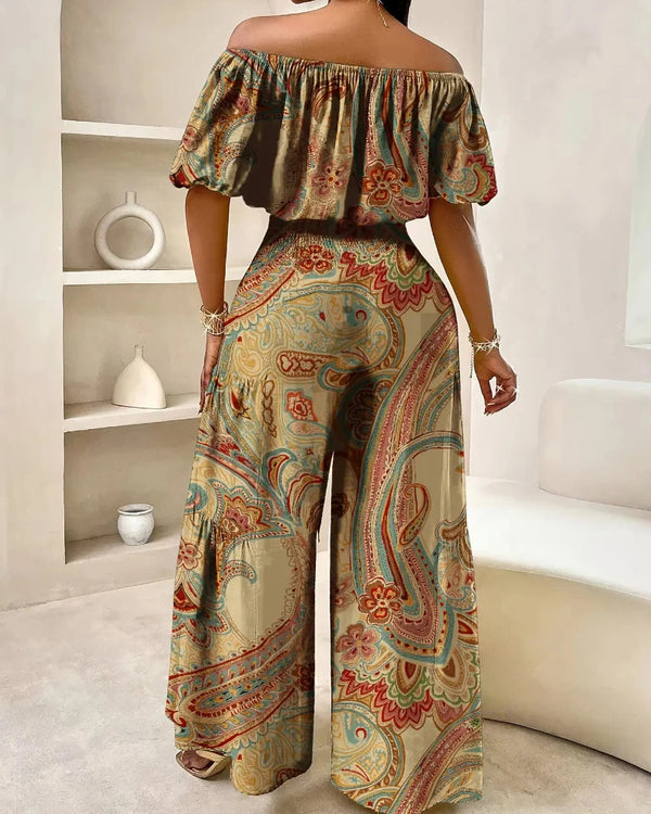 Women's Paisley-Print Summer Two-Piece Set with Off-Shoulder Top and Wide-Leg Pants