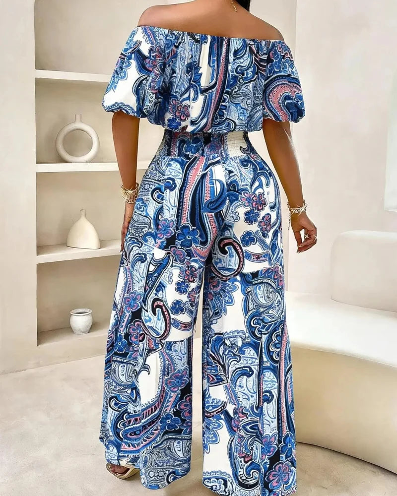 Women's Paisley-Print Summer Two-Piece Set with Off-Shoulder Top and Wide-Leg Pants