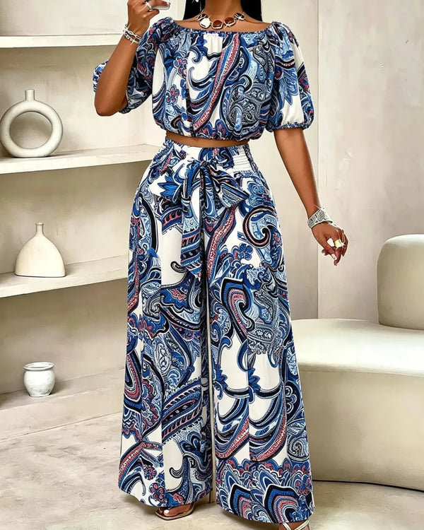 Women's Paisley-Print Summer Two-Piece Set with Off-Shoulder Top and Wide-Leg Pants