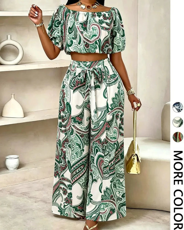 Women's Paisley-Print Summer Two-Piece Set with Off-Shoulder Top and Wide-Leg Pants