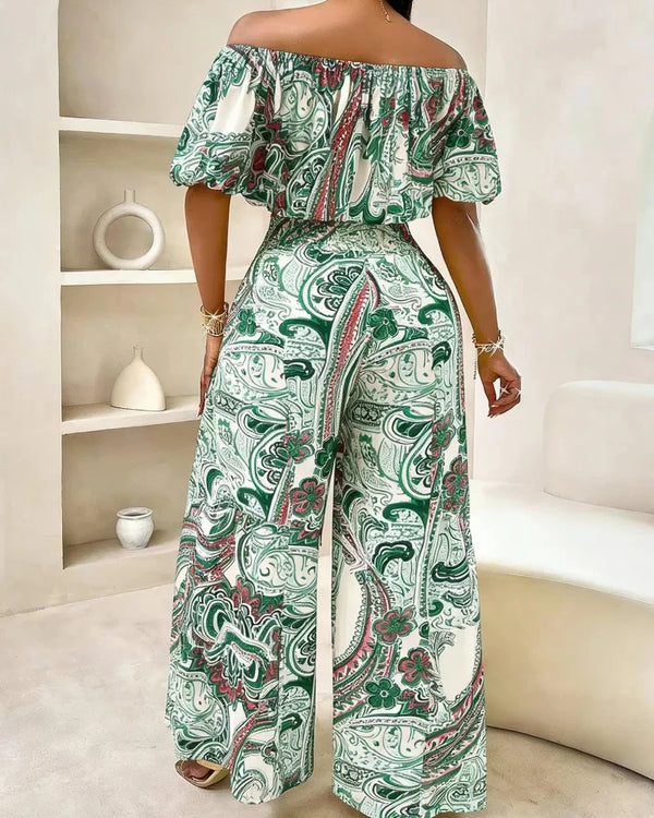 Women's Paisley-Print Summer Two-Piece Set with Off-Shoulder Top and Wide-Leg Pants
