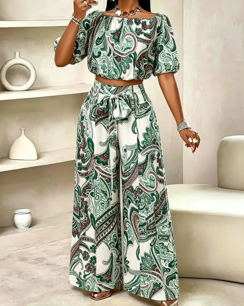 Women's Paisley-Print Summer Two-Piece Set with Off-Shoulder Top and Wide-Leg Pants