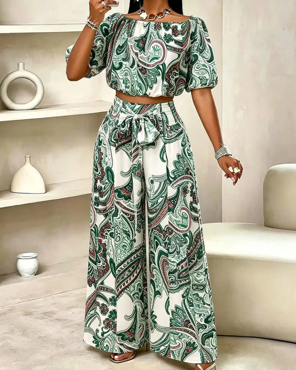 Women's Paisley-Print Summer Two-Piece Set with Off-Shoulder Top and Wide-Leg Pants