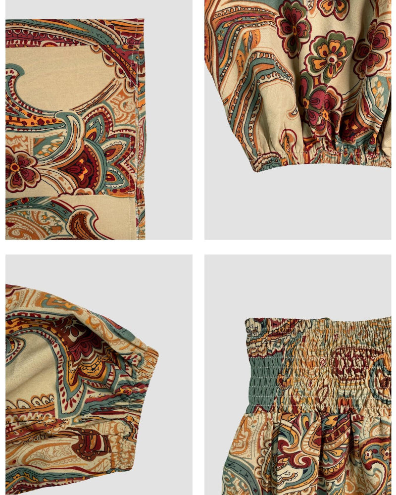 Women's Paisley-Print Summer Two-Piece Set with Off-Shoulder Top and Wide-Leg Pants