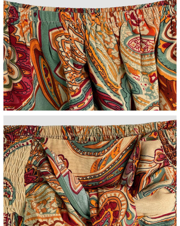 Women's Paisley-Print Summer Two-Piece Set with Off-Shoulder Top and Wide-Leg Pants