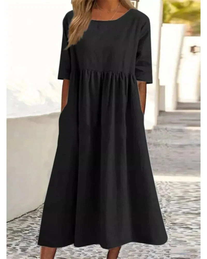 Relaxed Summer Casual Dress for Women with Short Sleeves, Round Neck and Pockets