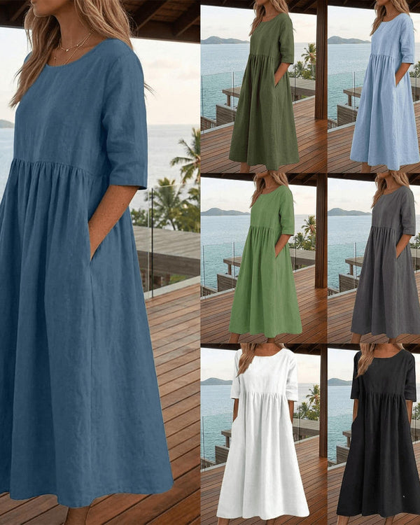 Relaxed Summer Casual Dress for Women with Short Sleeves, Round Neck and Pockets