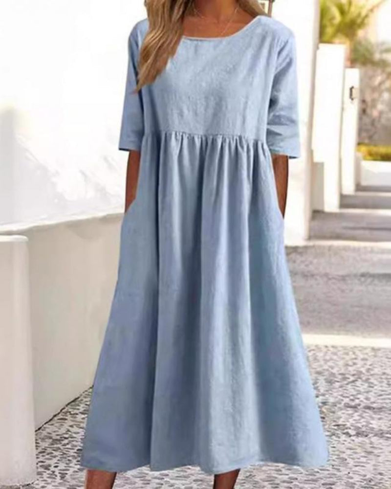 Relaxed Summer Casual Dress for Women with Short Sleeves, Round Neck and Pockets