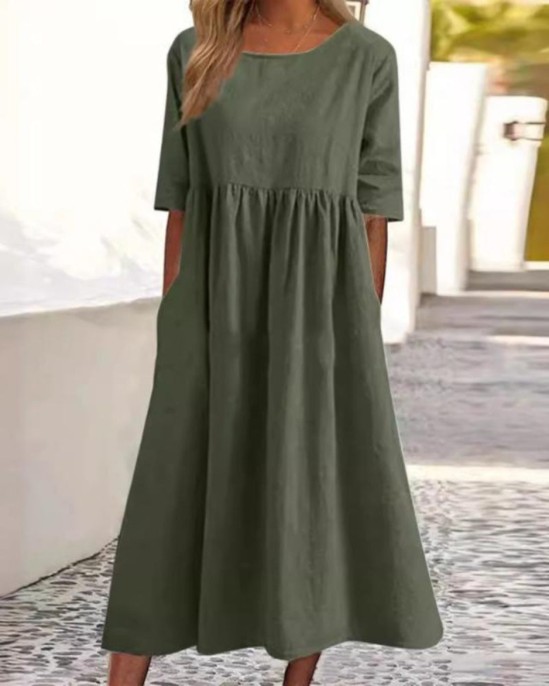 Relaxed Summer Casual Dress for Women with Short Sleeves, Round Neck and Pockets