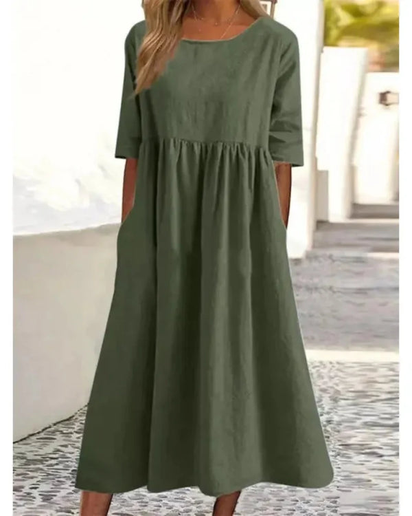 Relaxed Summer Casual Dress for Women with Short Sleeves, Round Neck and Pockets
