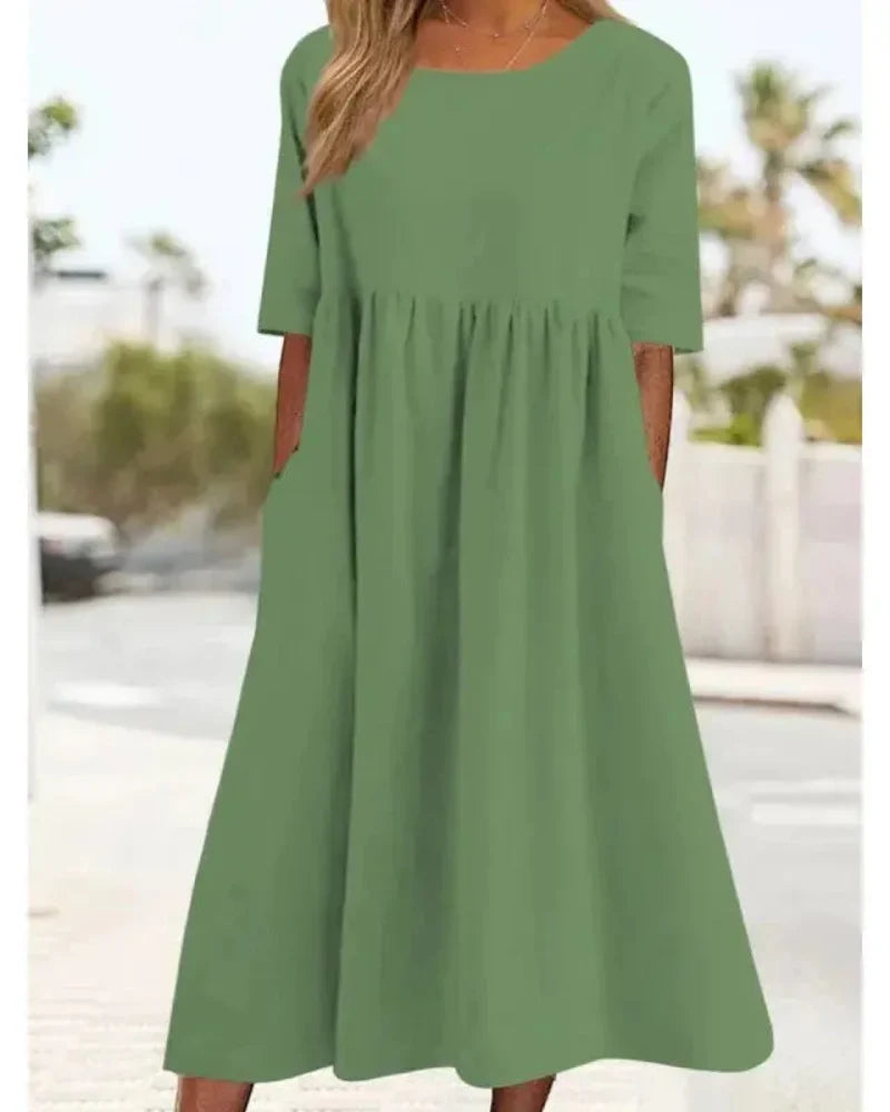 Relaxed Summer Casual Dress for Women with Short Sleeves, Round Neck and Pockets