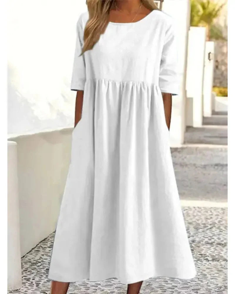 Relaxed Summer Casual Dress for Women with Short Sleeves, Round Neck and Pockets