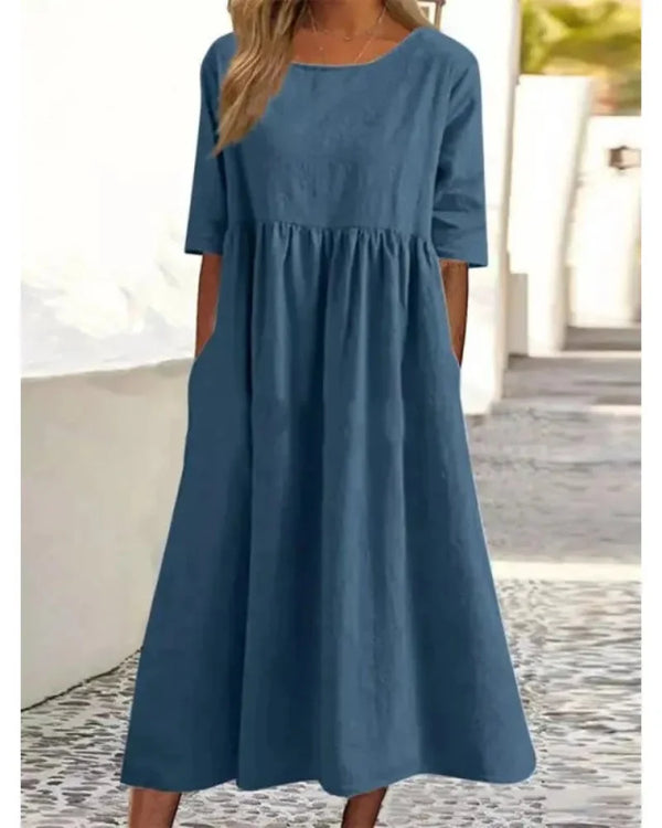 Relaxed Summer Casual Dress for Women with Short Sleeves, Round Neck and Pockets