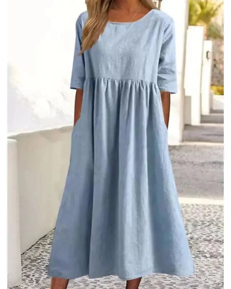 Relaxed Summer Casual Dress for Women with Short Sleeves, Round Neck and Pockets