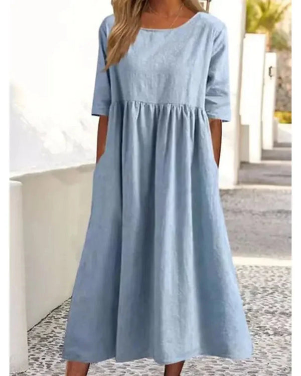 Relaxed Summer Casual Dress for Women with Short Sleeves, Round Neck and Pockets