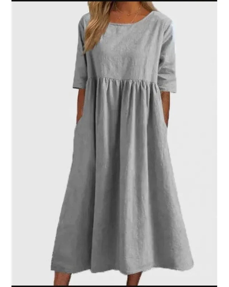 Relaxed Summer Casual Dress for Women with Short Sleeves, Round Neck and Pockets