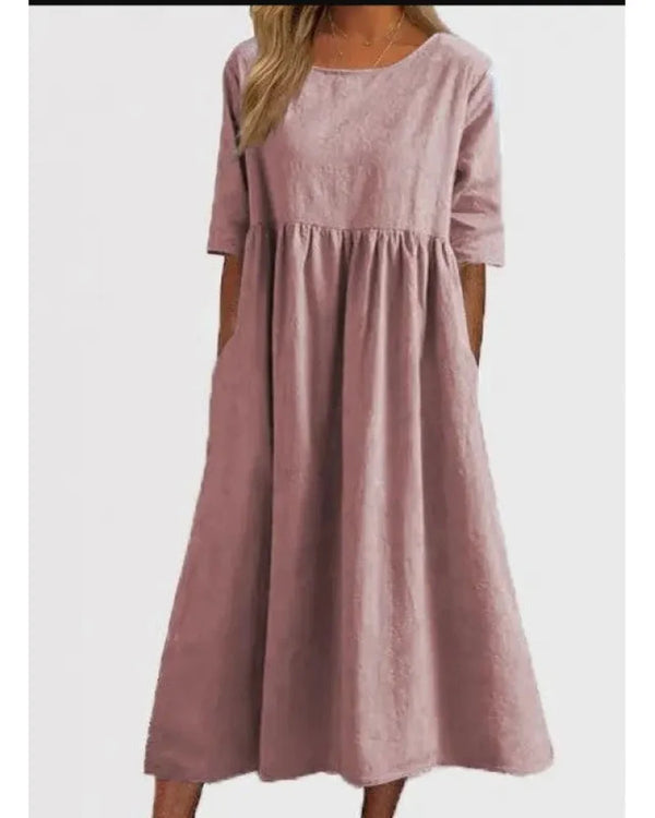 Relaxed Summer Casual Dress for Women with Short Sleeves, Round Neck and Pockets