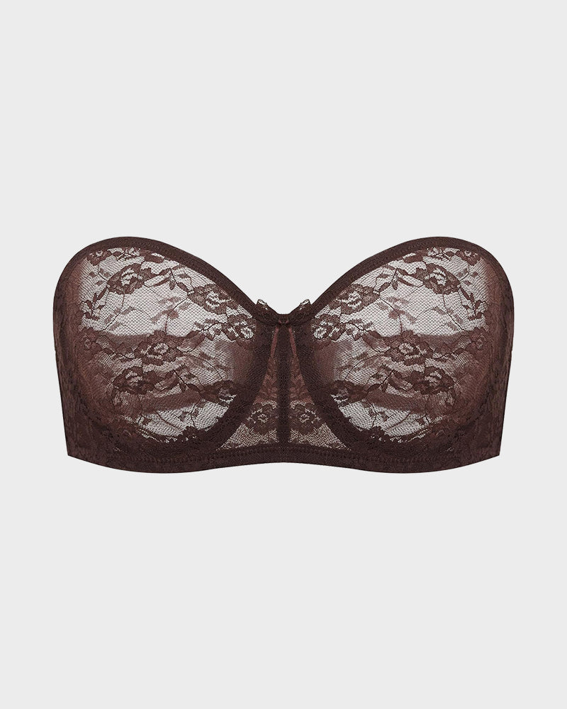 Women's Strapless Lace Underwire Bra, No Padding, Multiway Convertible Straps, See-Through