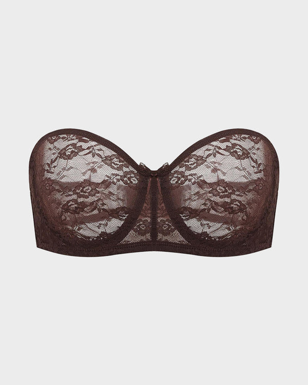 Women's Strapless Lace Underwire Bra, No Padding, Multiway Convertible Straps, See-Through