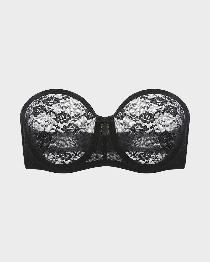 Women's Strapless Lace Underwire Bra, No Padding, Multiway Convertible Straps, See-Through