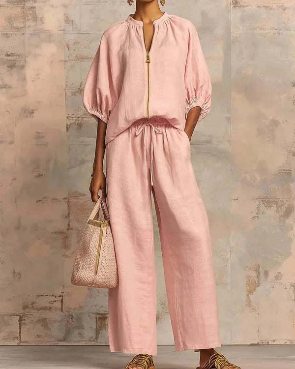 Women's Zip-Top Lounge Set with Wide-Leg Pants – 2-Piece Casual Outfit