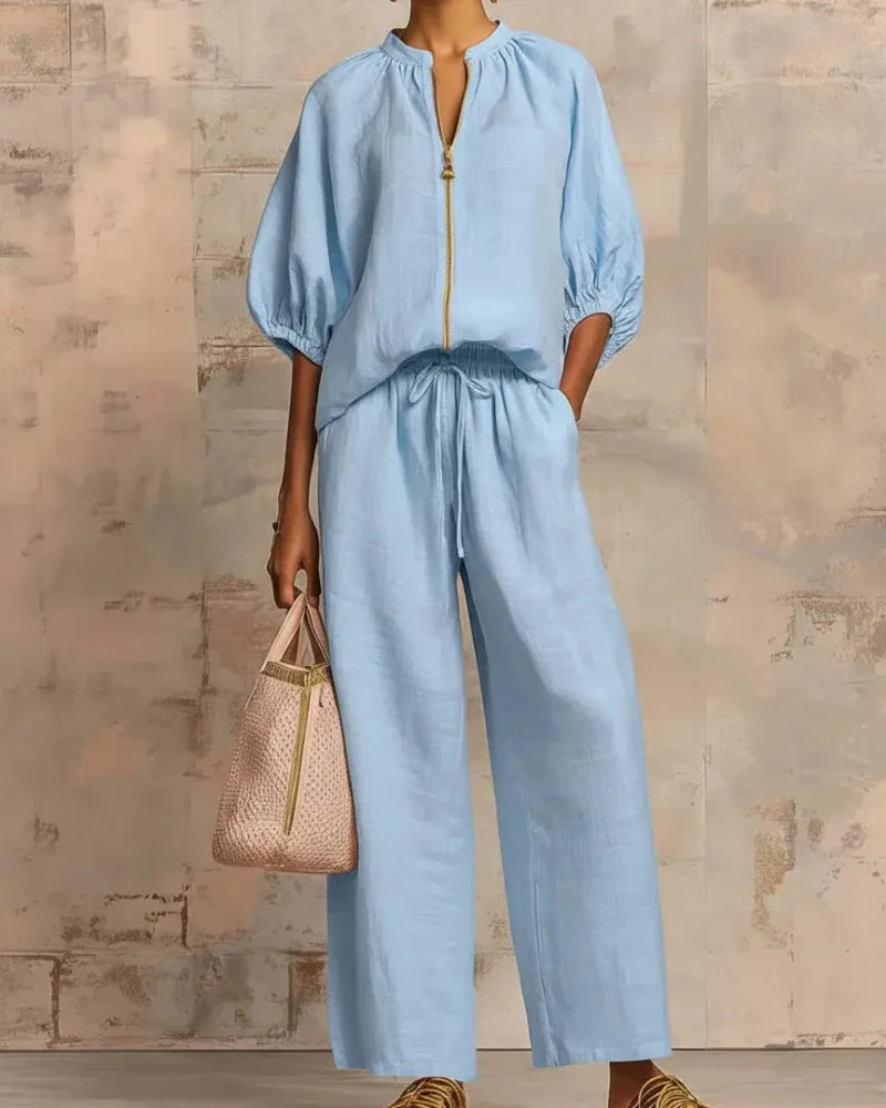 Women's Zip-Top Lounge Set with Wide-Leg Pants – 2-Piece Casual Outfit