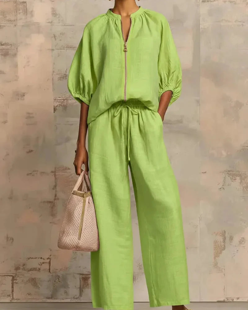 Women's Zip-Top Lounge Set with Wide-Leg Pants – 2-Piece Casual Outfit