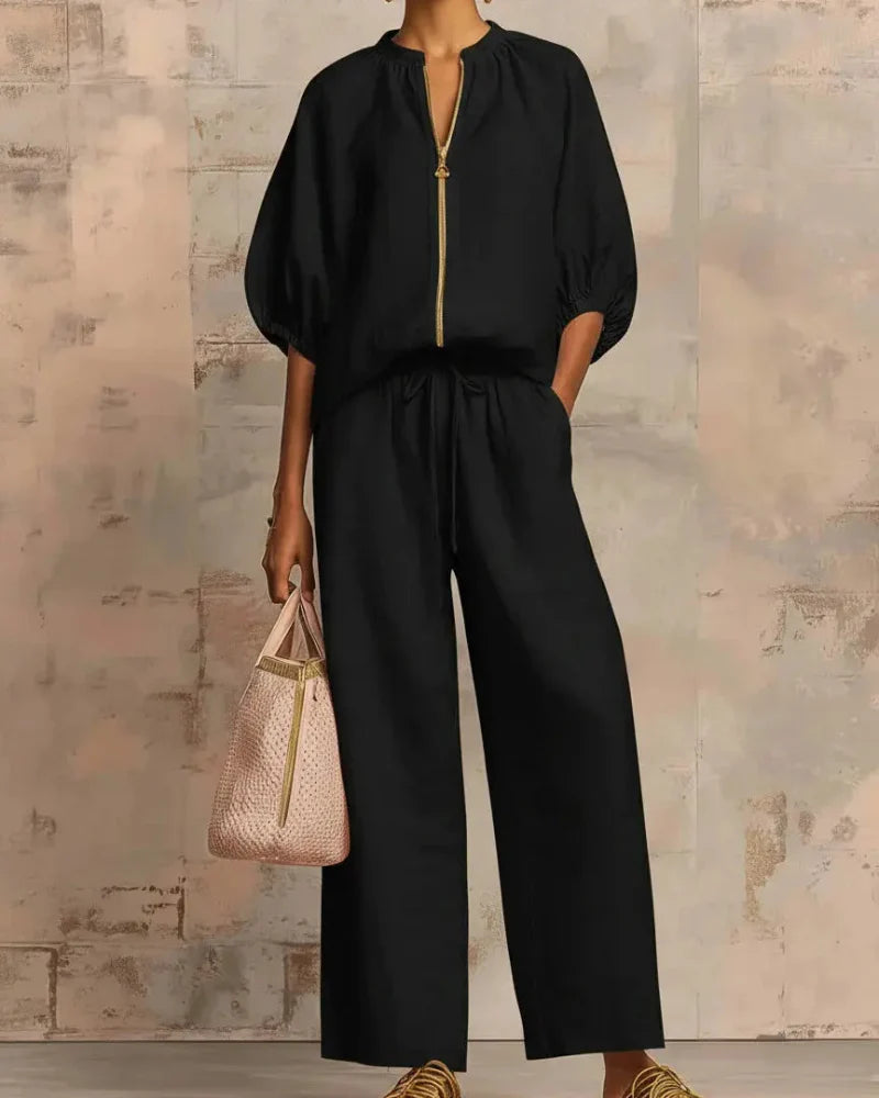 Women's Zip-Top Lounge Set with Wide-Leg Pants – 2-Piece Casual Outfit