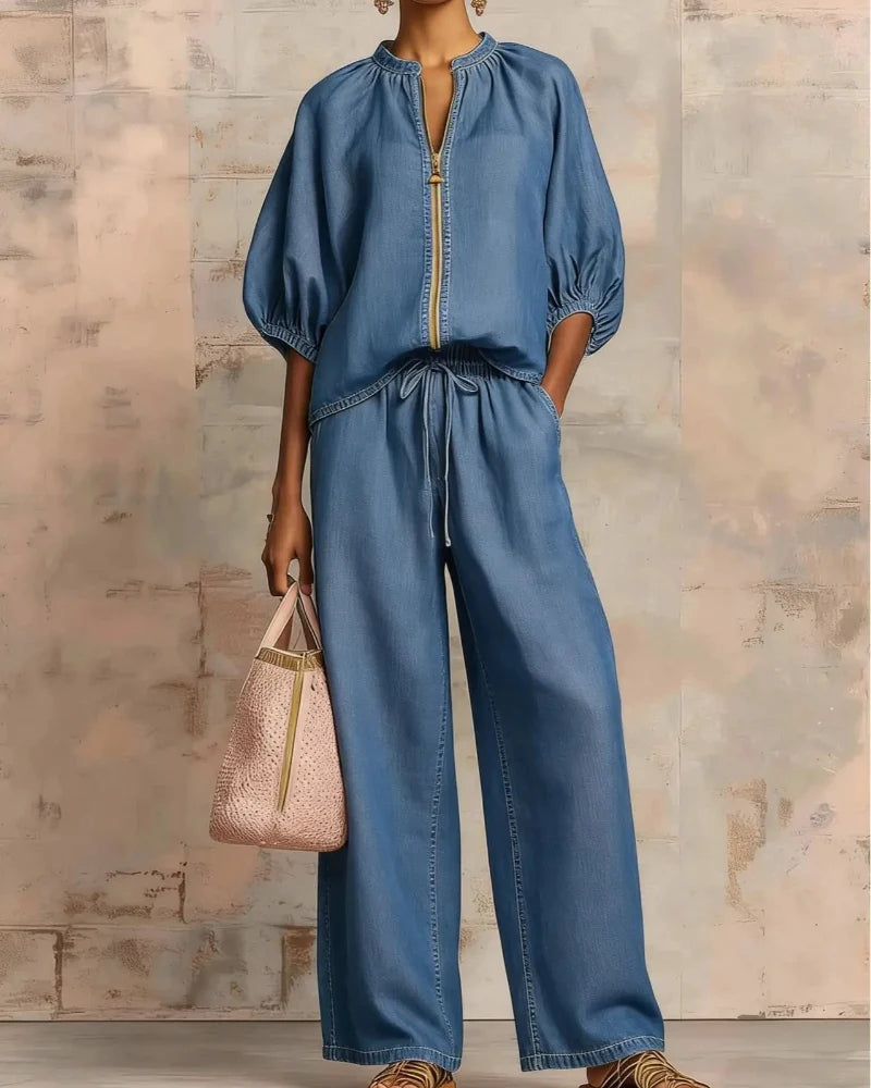 Women's Zip-Top Lounge Set with Wide-Leg Pants – 2-Piece Casual Outfit