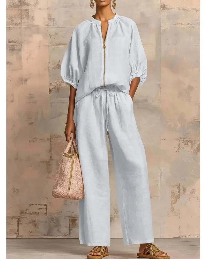 Women's Zip-Top Lounge Set with Wide-Leg Pants – 2-Piece Casual Outfit