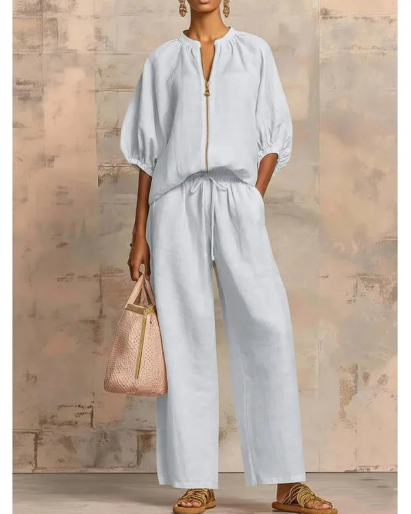 Women's Zip-Top Lounge Set with Wide-Leg Pants – 2-Piece Casual Outfit