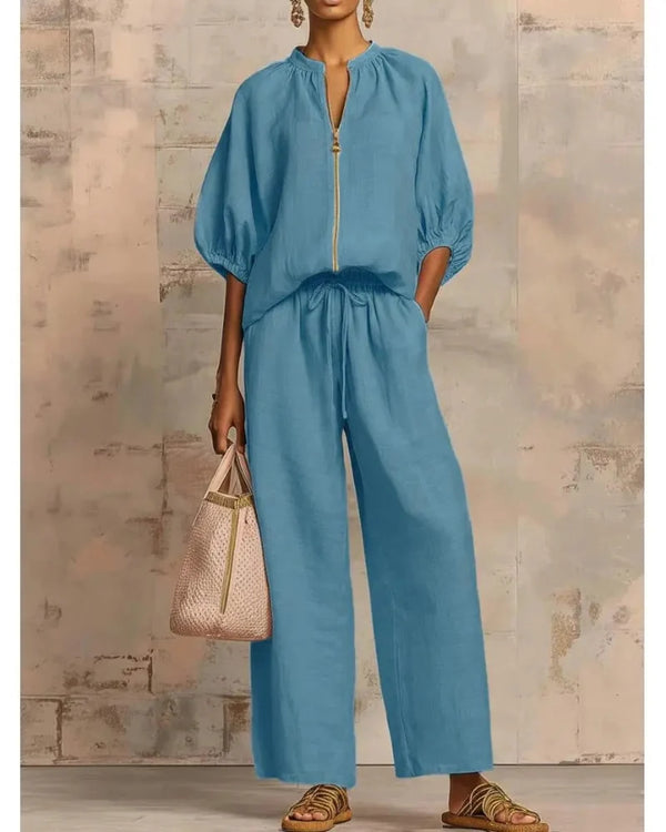 Women's Zip-Top Lounge Set with Wide-Leg Pants – 2-Piece Casual Outfit