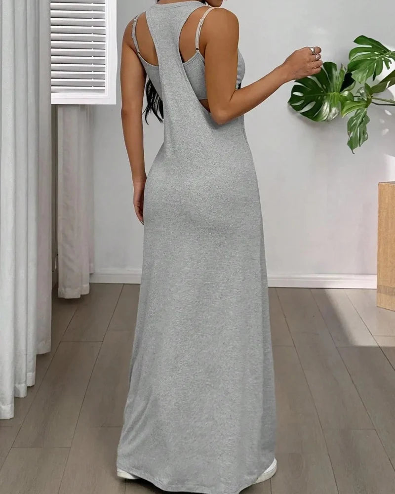 Women's 2-Piece Tank & Cutout Maxi Dress Set - Soft Stretch, Double-Strap Design