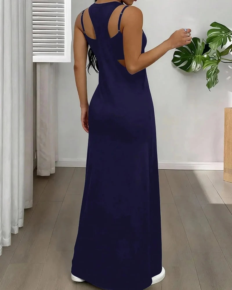 Women's 2-Piece Tank & Cutout Maxi Dress Set - Soft Stretch, Double-Strap Design