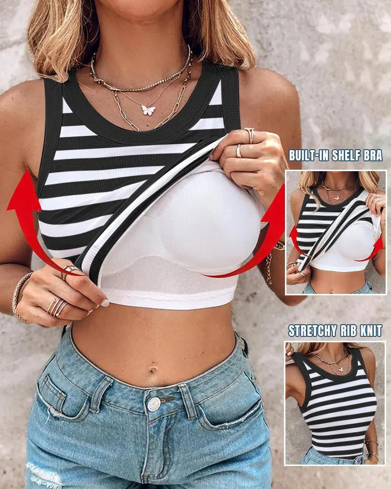 Ribbed Round-Neck Tank Top with Built-In Bra Pads for All-Day Comfort and Support
