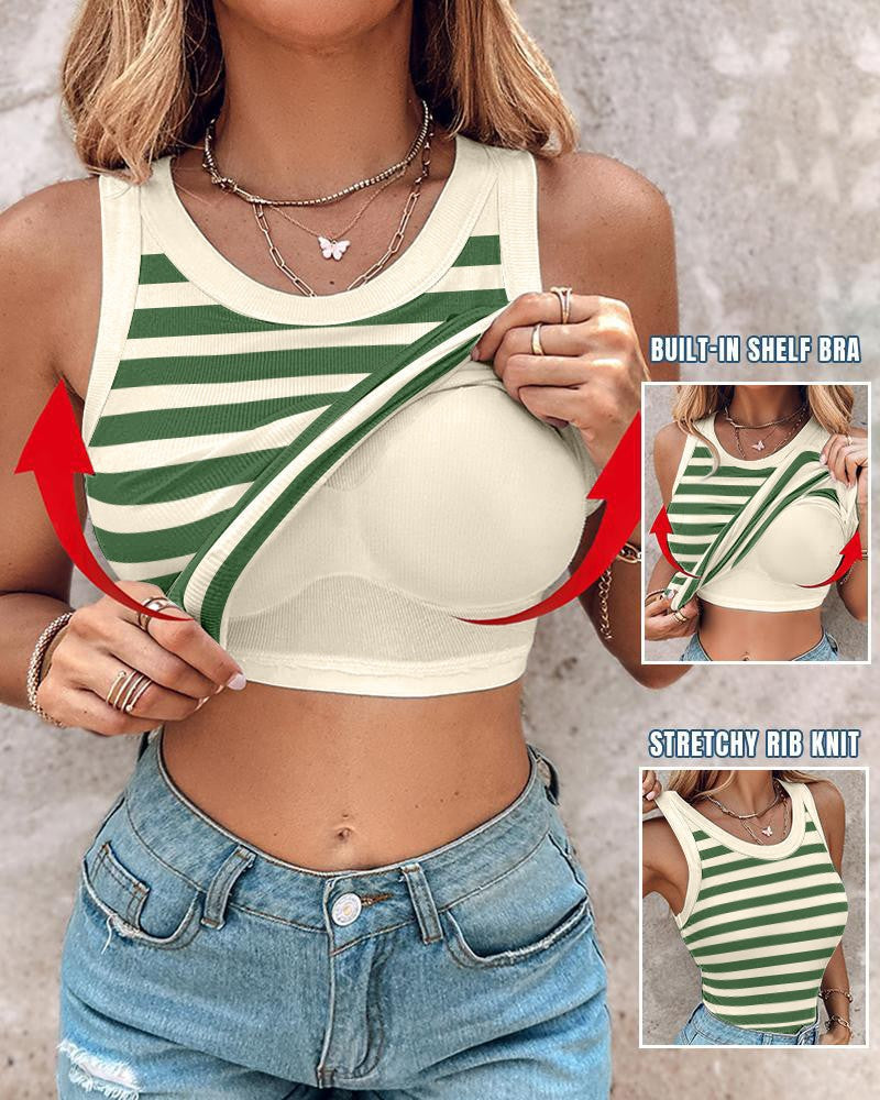 Ribbed Round-Neck Tank Top with Built-In Bra Pads for All-Day Comfort and Support
