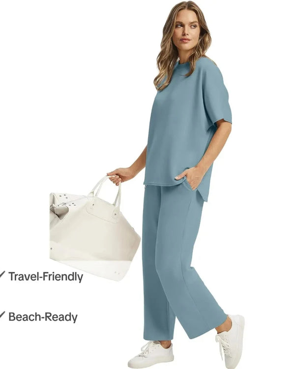 Women's 2-Piece Set: Relaxed Oversized Tee & Wide-Leg Pants for Effortless Summer Casual