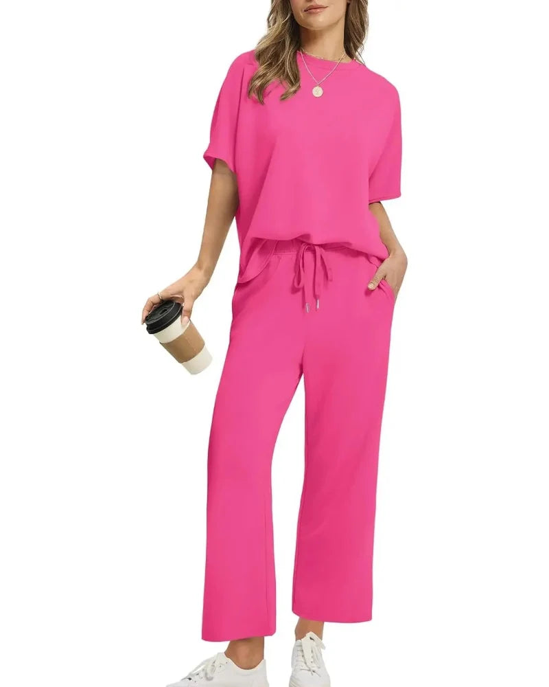 Women's 2-Piece Set: Relaxed Oversized Tee & Wide-Leg Pants for Effortless Summer Casual