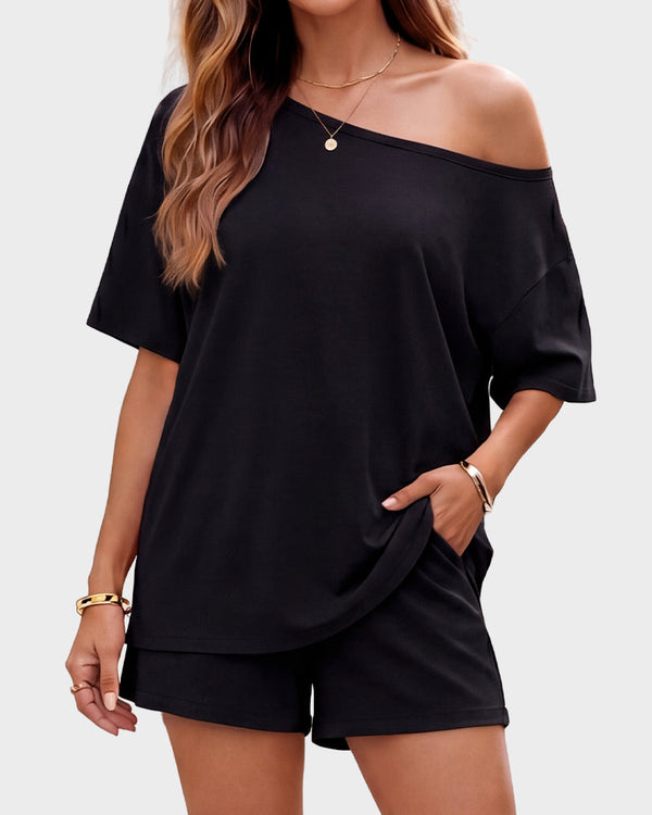 Women's Off-Shoulder Two-Piece Lounge Set - Cozy Top & Shorts