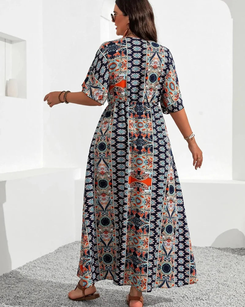 Flattering Plus-Size Boho Floral V-Neck A-Line Dress