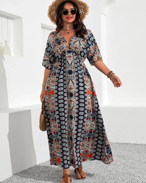 Flattering Plus-Size Boho Floral V-Neck A-Line Dress