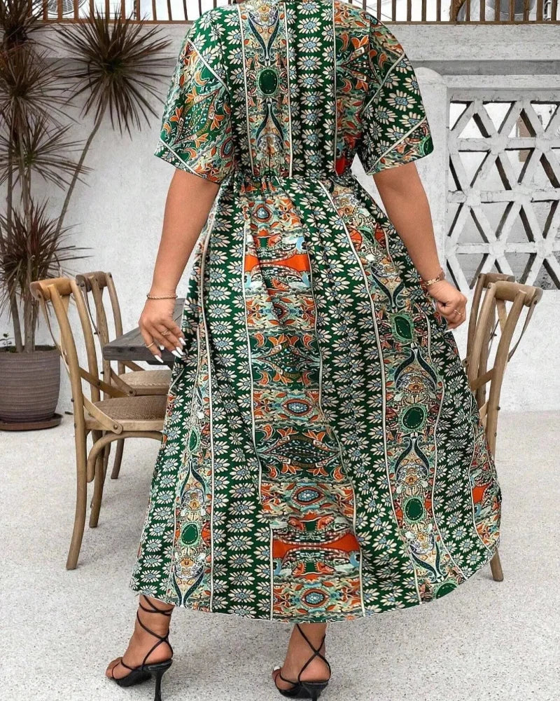 Flattering Plus-Size Boho Floral V-Neck A-Line Dress
