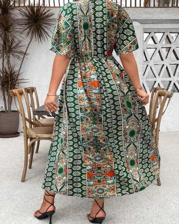Flattering Plus-Size Boho Floral V-Neck A-Line Dress