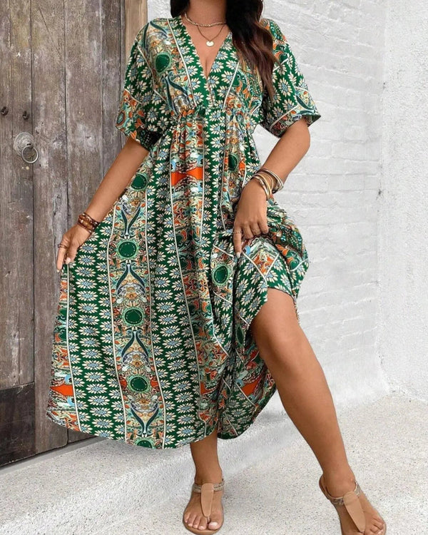 Flattering Plus-Size Boho Floral V-Neck A-Line Dress