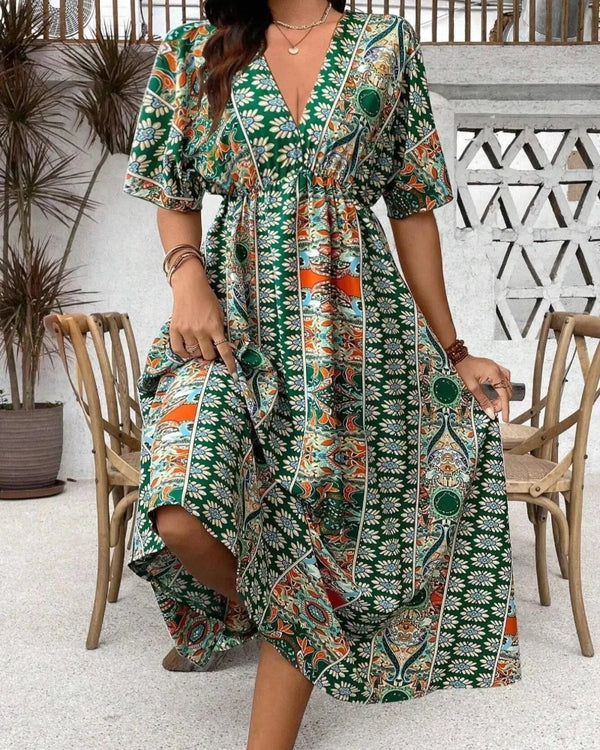Flattering Plus-Size Boho Floral V-Neck A-Line Dress
